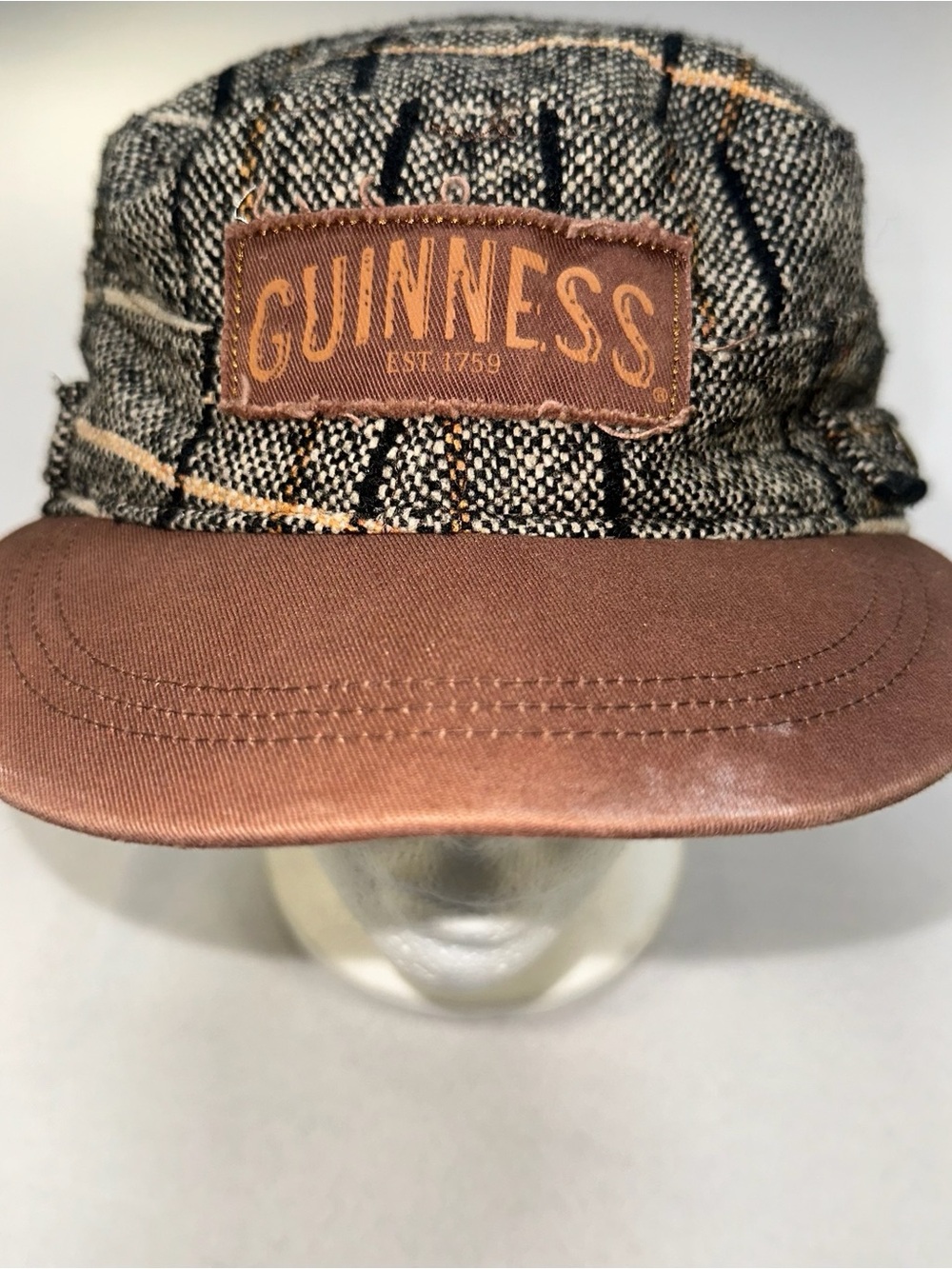 Guinness Beer Cadet Military Style Brown Plaid Wool Blend Logo Mens Vintage Hat